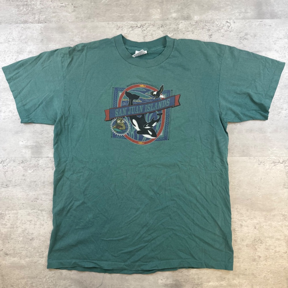 Vintage Anvil San Juan Islands Orca Graphic T Shirt Teal Green Mens Large